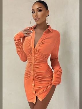 Club L London  One To Remember Orange Bodycon Ruched Long Sleeve Shirt Dress